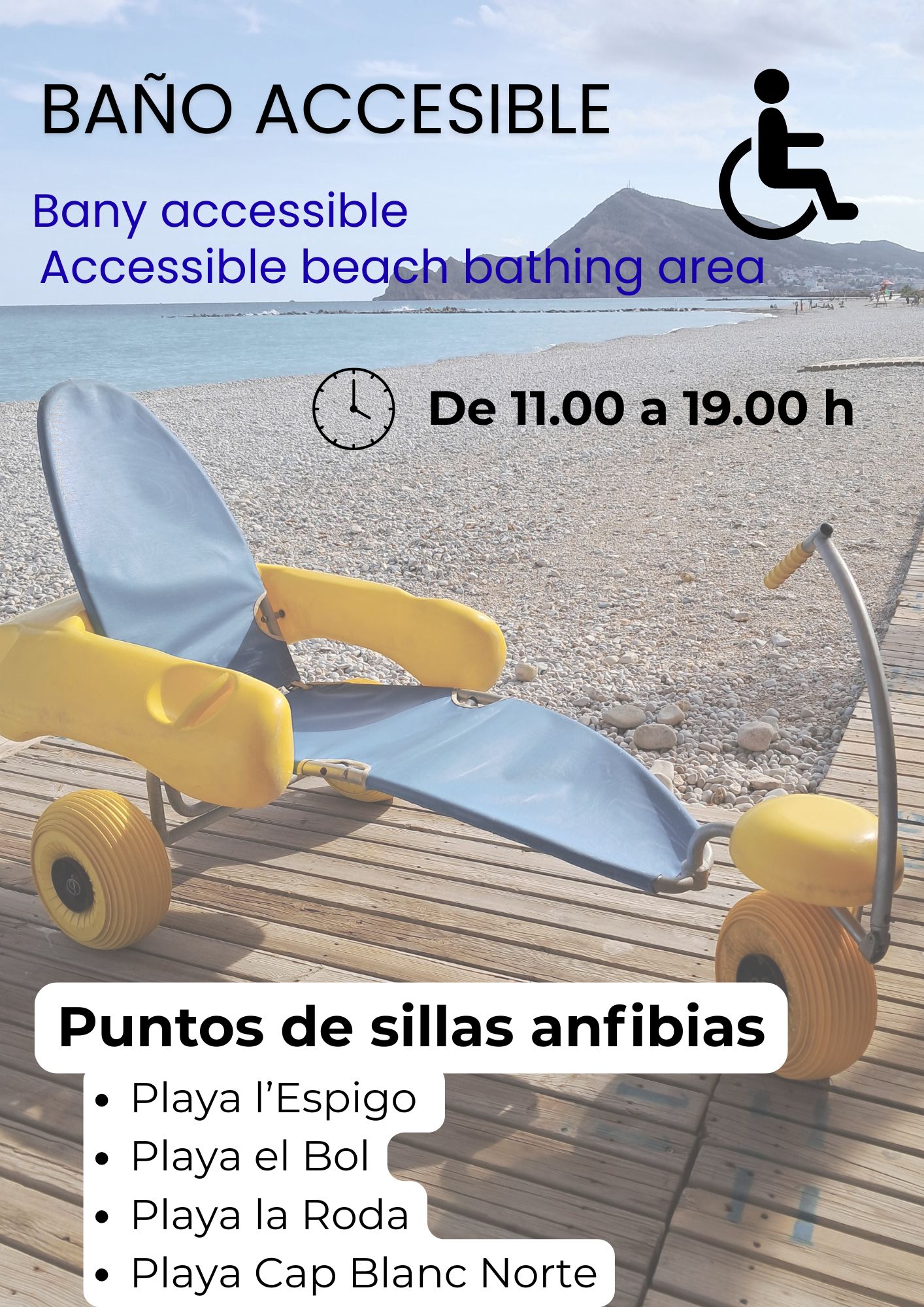 Cartel con la información de los horaros y los puntos del baño accesible